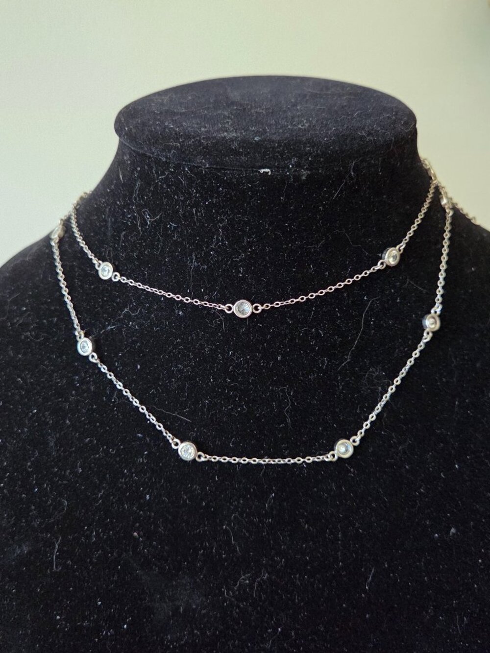 Sterling Silver .925 Long Necklace Bezel-set Cubic Zirconia Crystals 30" Chain